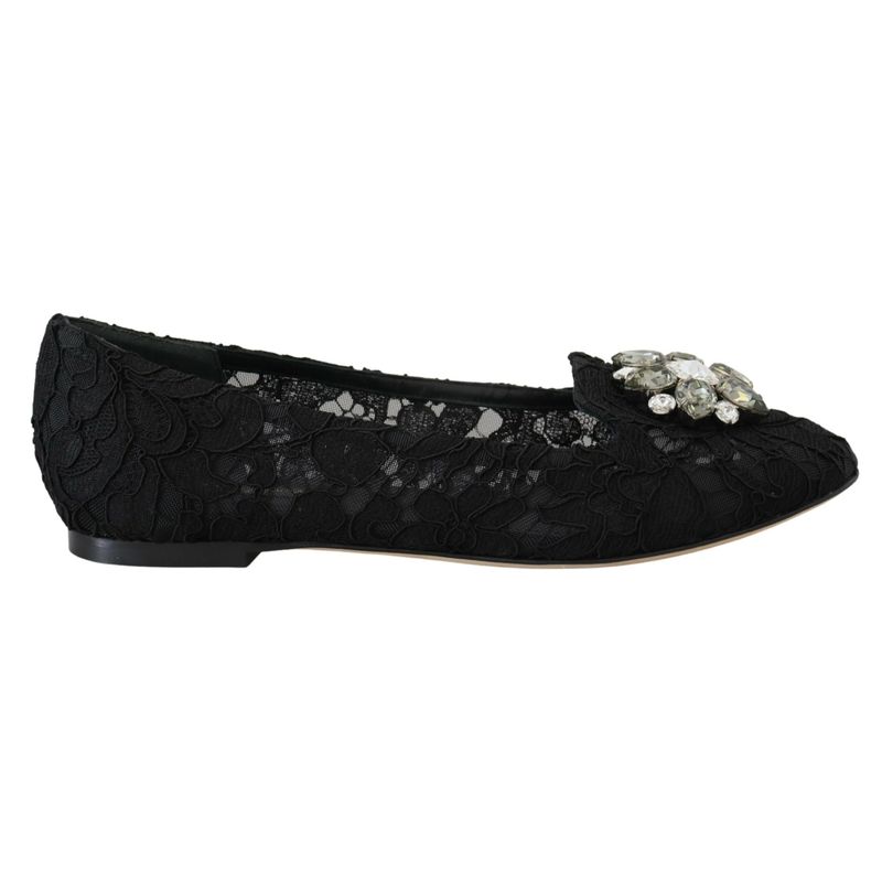 Dolce & Gabbana Black Taormina Lace Crystals Flats Women's Shoes